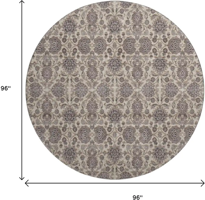 8' Ivory And Taupe Floral Washable Round Rug With UV Protection Photo 5