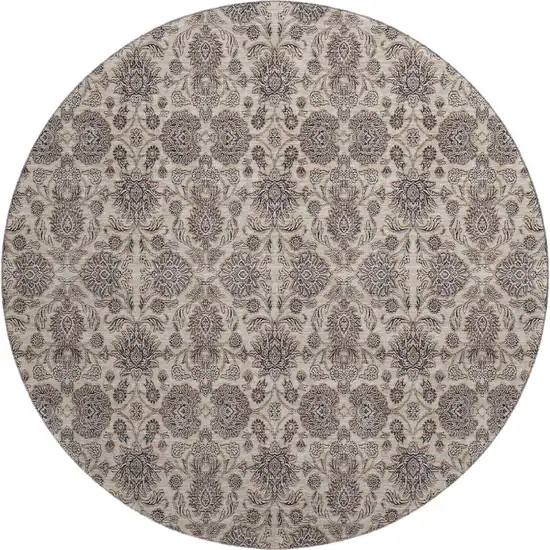 8' Ivory And Taupe Floral Washable Round Rug With UV Protection Photo 1