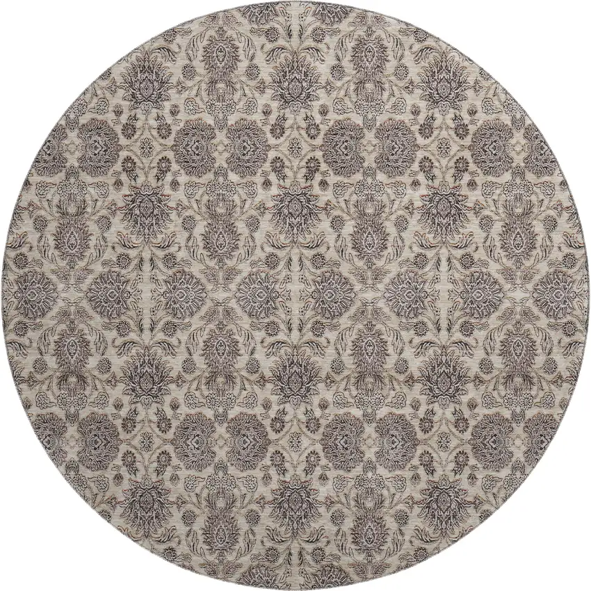 8' Ivory And Taupe Floral Washable Round Rug With UV Protection Photo 1