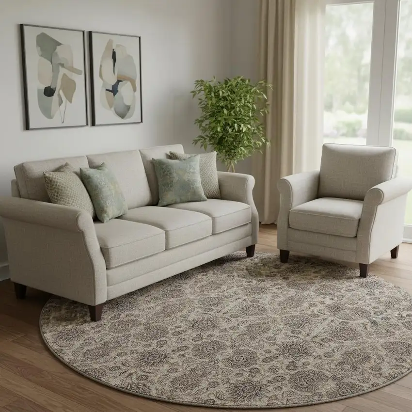 8' Ivory And Taupe Floral Washable Round Rug With UV Protection Photo 1