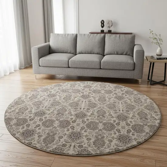 8' Ivory And Taupe Floral Washable Round Rug With UV Protection Photo 2