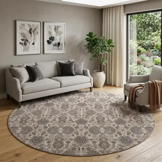 8' Ivory And Taupe Floral Washable Round Rug With UV Protection Photo 1