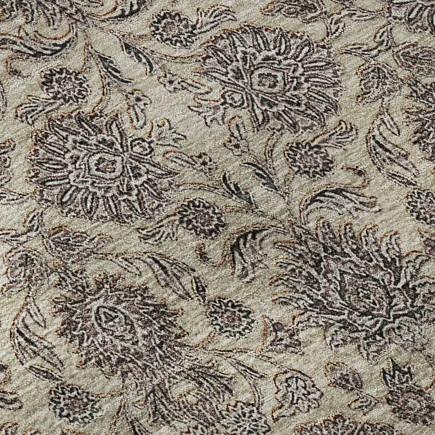 8' Ivory And Taupe Floral Washable Round Rug With UV Protection Photo 9