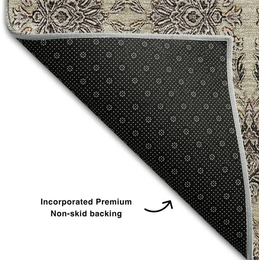 8' Ivory And Taupe Floral Washable Round Rug With UV Protection Photo 6