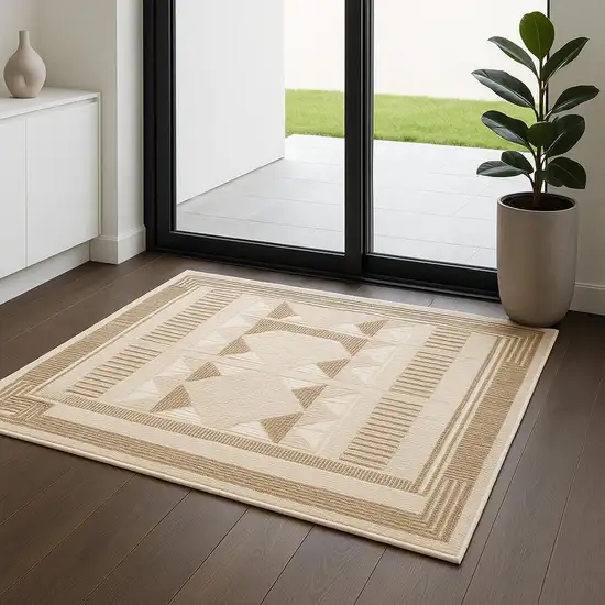 6' Ivory And Taupe Geometric Runner Rug Photo 1
