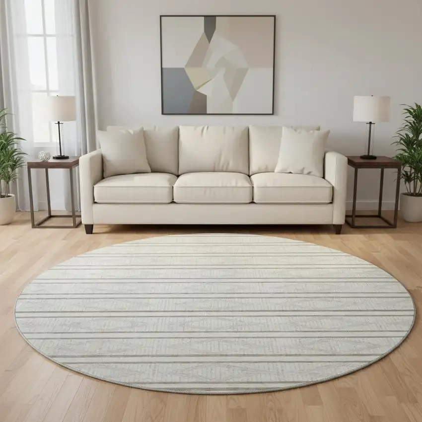 8' Ivory And Taupe Geometric Washable Round Rug With UV Protection Photo 2