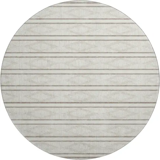 8' Ivory And Taupe Geometric Washable Round Rug With UV Protection Photo 1