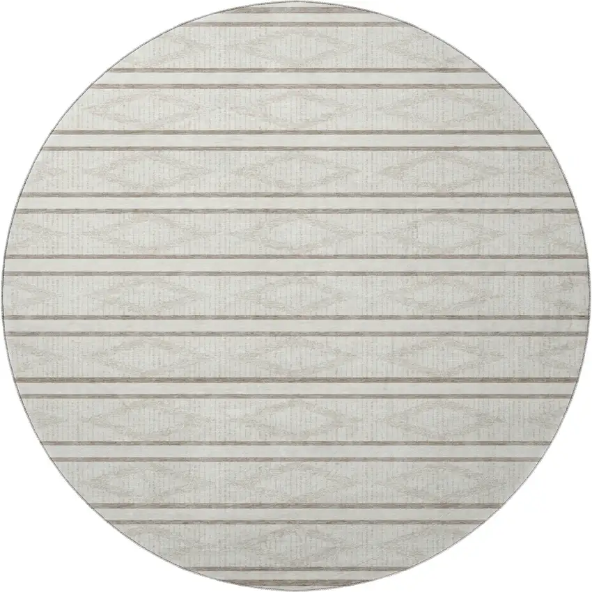 8' Ivory And Taupe Geometric Washable Round Rug With UV Protection Photo 2