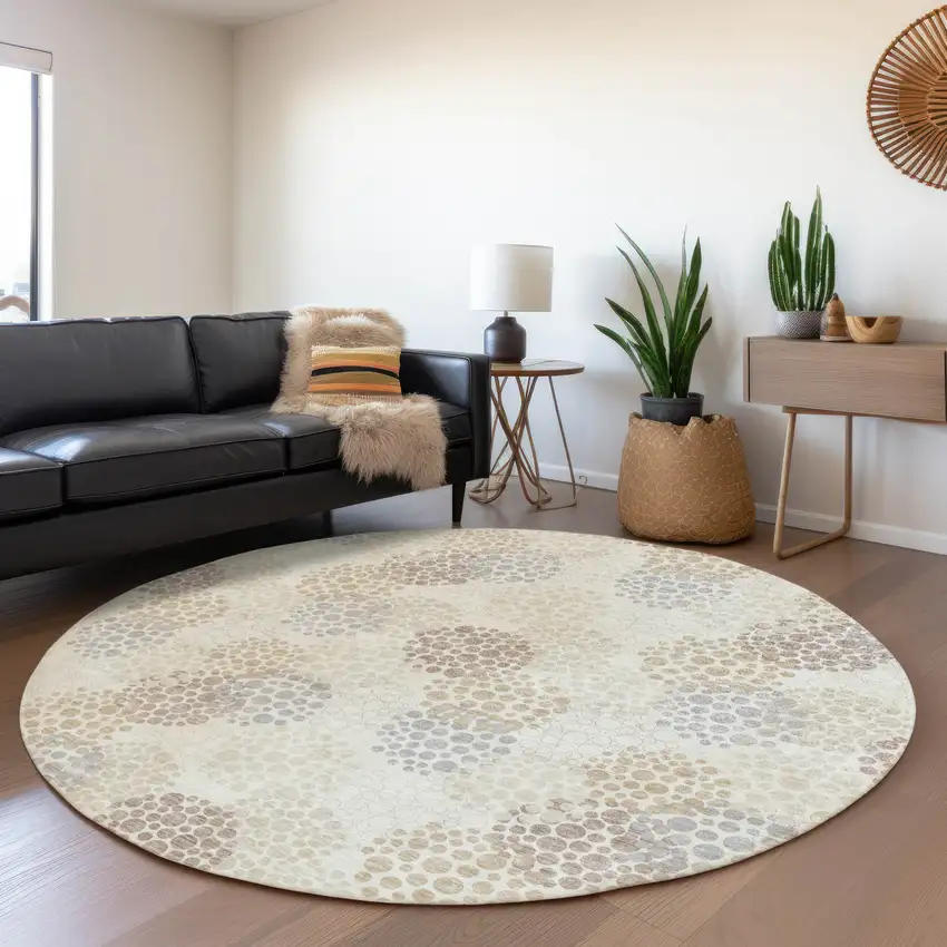 8' Ivory And Taupe Polka Dot Washable Round Rug With UV Protection Photo 5