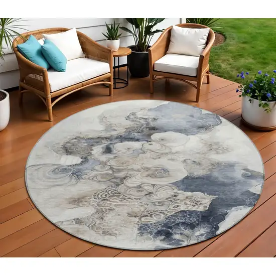 8' Ivory And Taupe Round Abstract Washable Indoor Outdoor Area Rug Photo 2