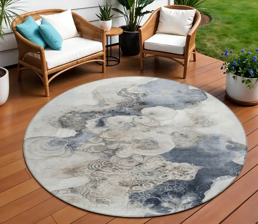 8' Ivory And Taupe Round Abstract Washable Indoor Outdoor Area Rug Photo 2