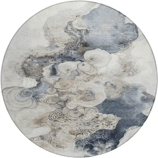 8' Ivory And Taupe Round Abstract Washable Indoor Outdoor Area Rug Photo 1