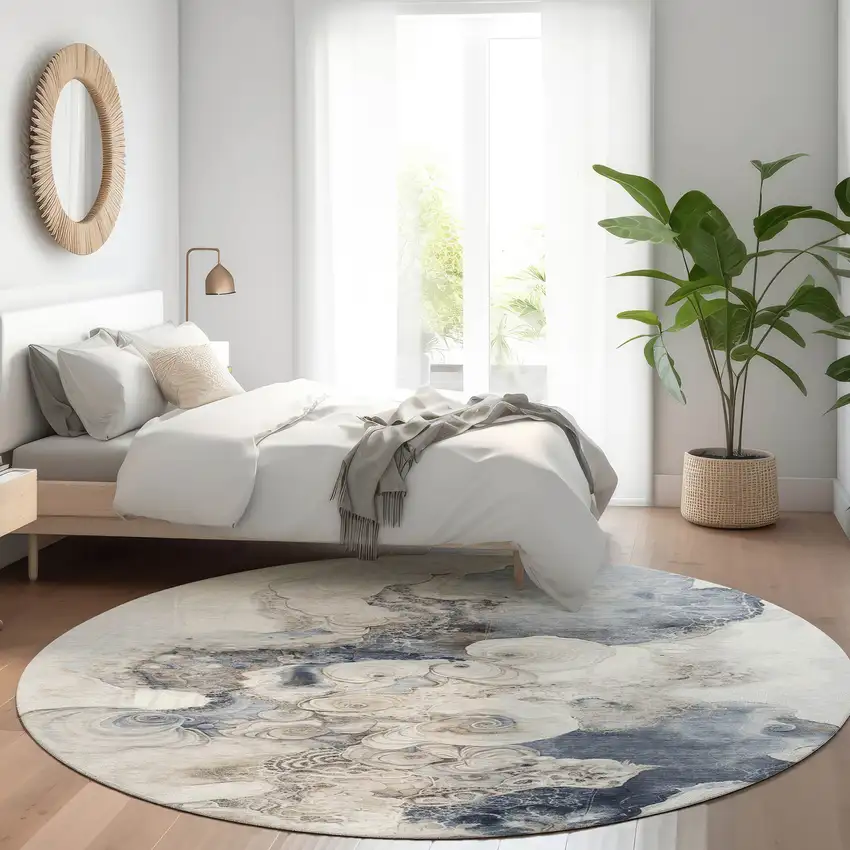 8' Ivory And Taupe Round Abstract Washable Indoor Outdoor Area Rug Photo 6