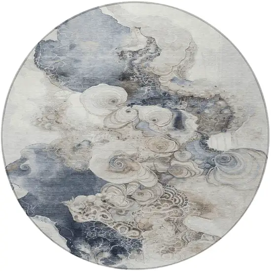 8' Ivory And Taupe Round Abstract Washable Indoor Outdoor Area Rug Photo 3