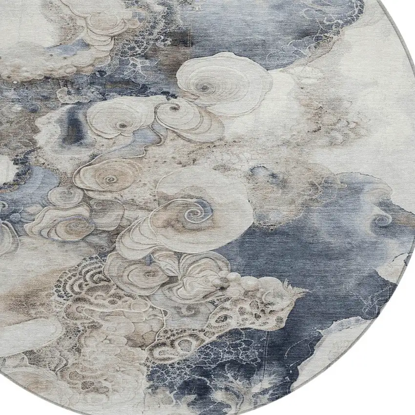 8' Ivory And Taupe Round Abstract Washable Indoor Outdoor Area Rug Photo 8