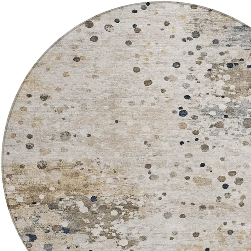 8' Ivory And Taupe Round Abstract Washable Indoor Outdoor Area Rug Photo 4