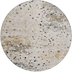 Photo of 8' Ivory And Taupe Round Abstract Washable Indoor Outdoor Area Rug