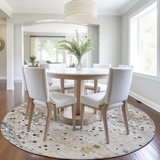 8' Ivory And Taupe Round Abstract Washable Indoor Outdoor Area Rug Photo 6