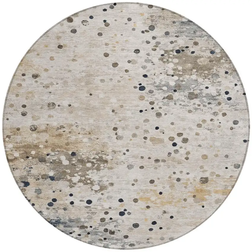 8' Ivory And Taupe Round Abstract Washable Indoor Outdoor Area Rug Photo 3
