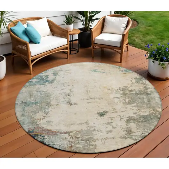 8' Ivory And Taupe Round Abstract Washable Indoor Outdoor Area Rug Photo 2