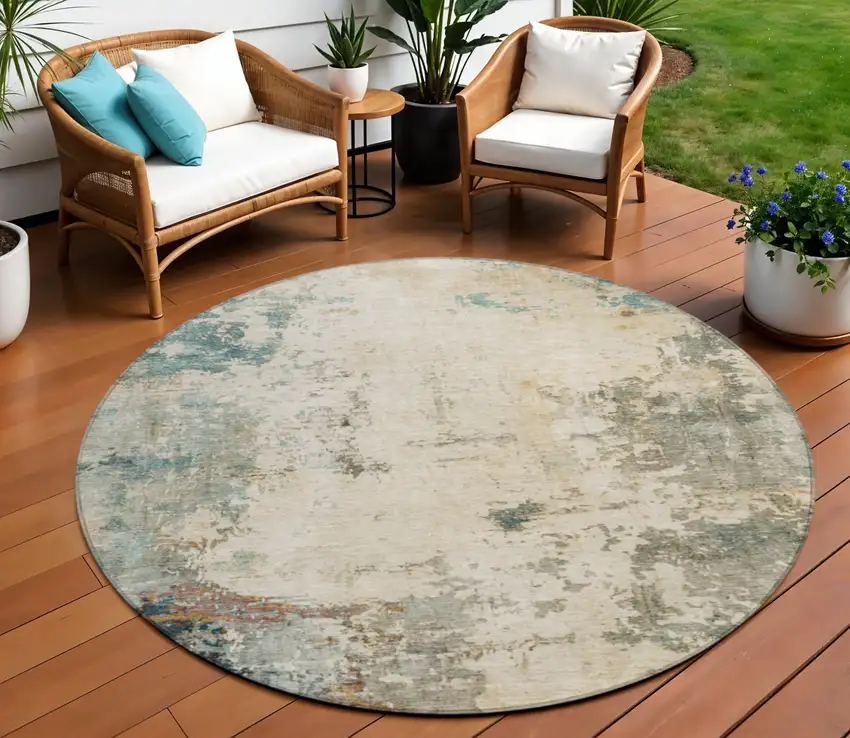 8' Ivory And Taupe Round Abstract Washable Indoor Outdoor Area Rug Photo 2
