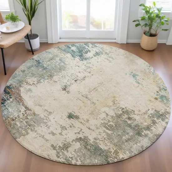 8' Ivory And Taupe Round Abstract Washable Indoor Outdoor Area Rug Photo 6