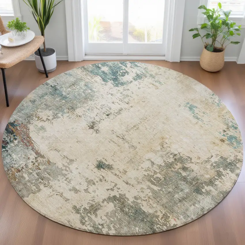 8' Ivory And Taupe Round Abstract Washable Indoor Outdoor Area Rug Photo 6