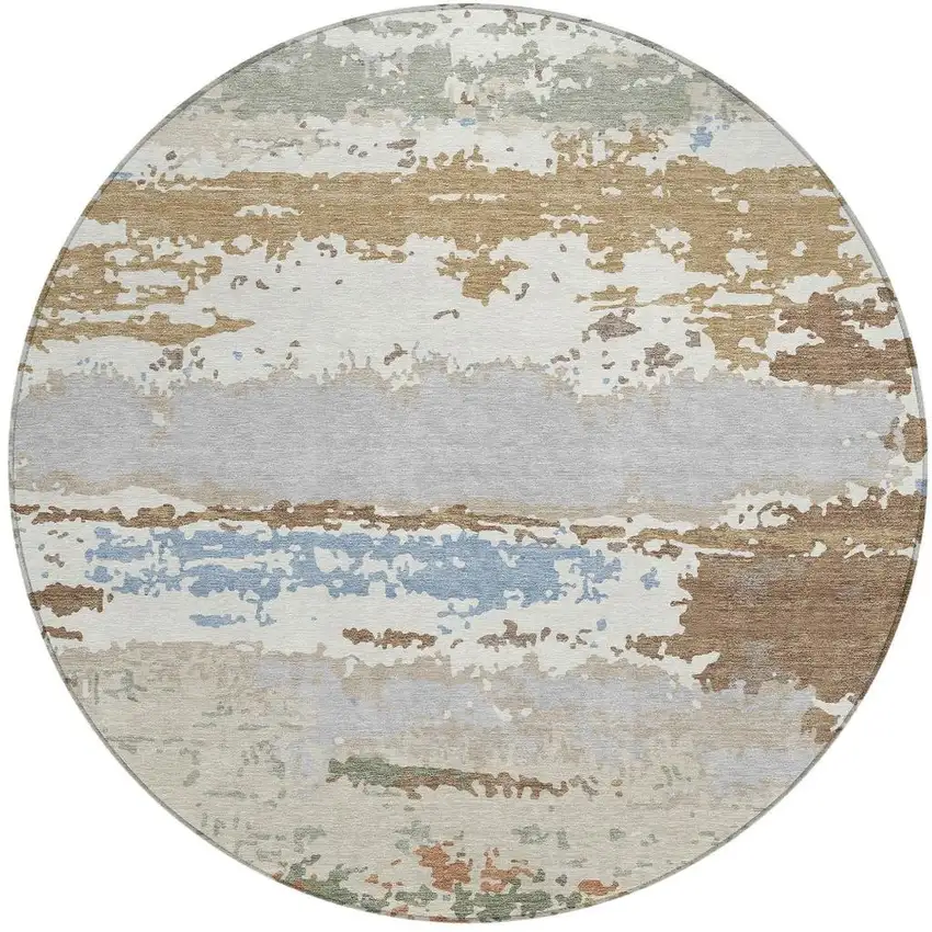 8' Ivory And Taupe Round Abstract Washable Indoor Outdoor Area Rug Photo 3