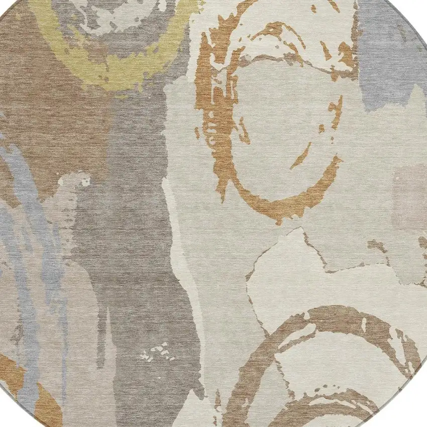 8' Ivory And Taupe Round Abstract Washable Indoor Outdoor Area Rug Photo 2