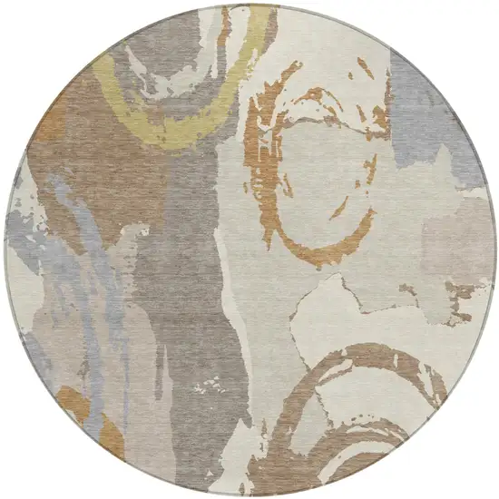 8' Ivory And Taupe Round Abstract Washable Indoor Outdoor Area Rug Photo 4