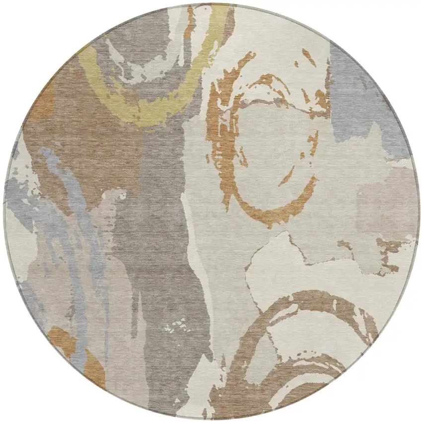 8' Ivory And Taupe Round Abstract Washable Indoor Outdoor Area Rug Photo 4
