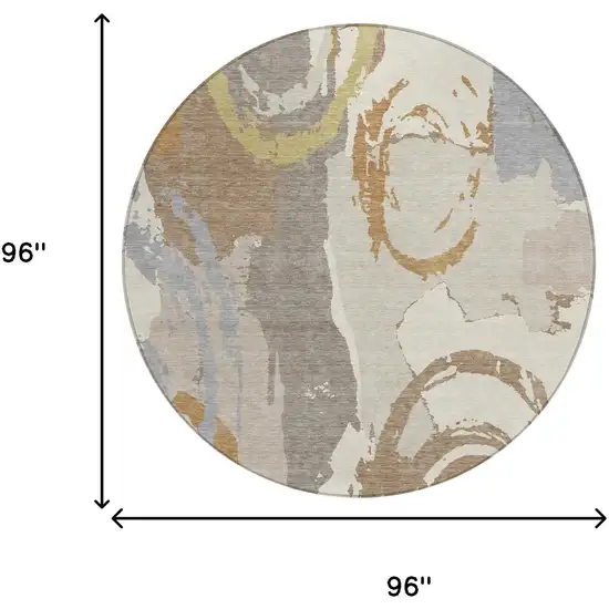 8' Ivory And Taupe Round Abstract Washable Indoor Outdoor Area Rug Photo 7