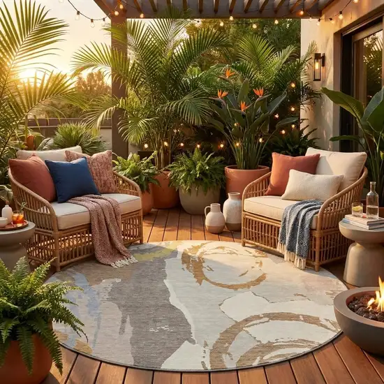 8' Ivory And Taupe Round Abstract Washable Indoor Outdoor Area Rug Photo 1