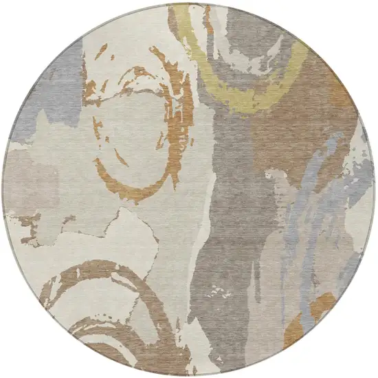 8' Ivory And Taupe Round Abstract Washable Indoor Outdoor Area Rug Photo 3