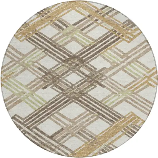8' Ivory And Taupe Round Geometric Washable Indoor Outdoor Area Rug Photo 1
