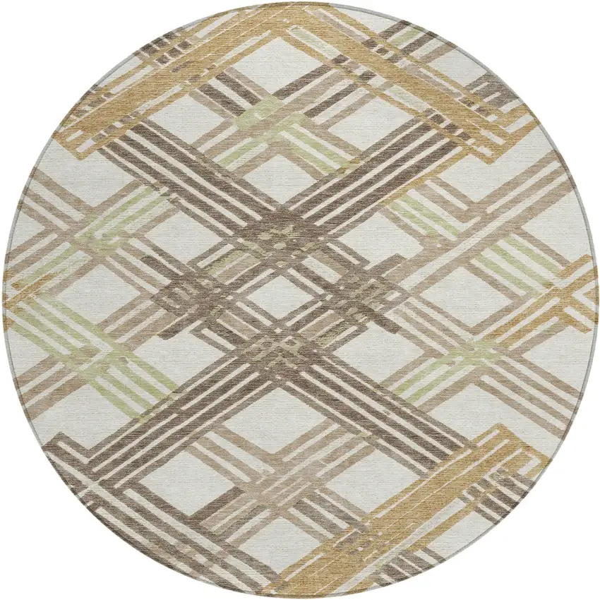 8' Ivory And Taupe Round Geometric Washable Indoor Outdoor Area Rug Photo 1