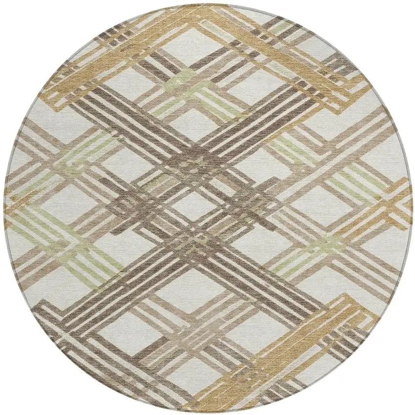 8' Ivory And Taupe Round Geometric Washable Indoor Outdoor Area Rug Photo 3