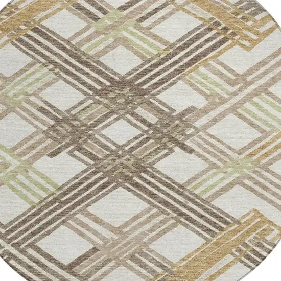 8' Ivory And Taupe Round Geometric Washable Indoor Outdoor Area Rug Photo 2