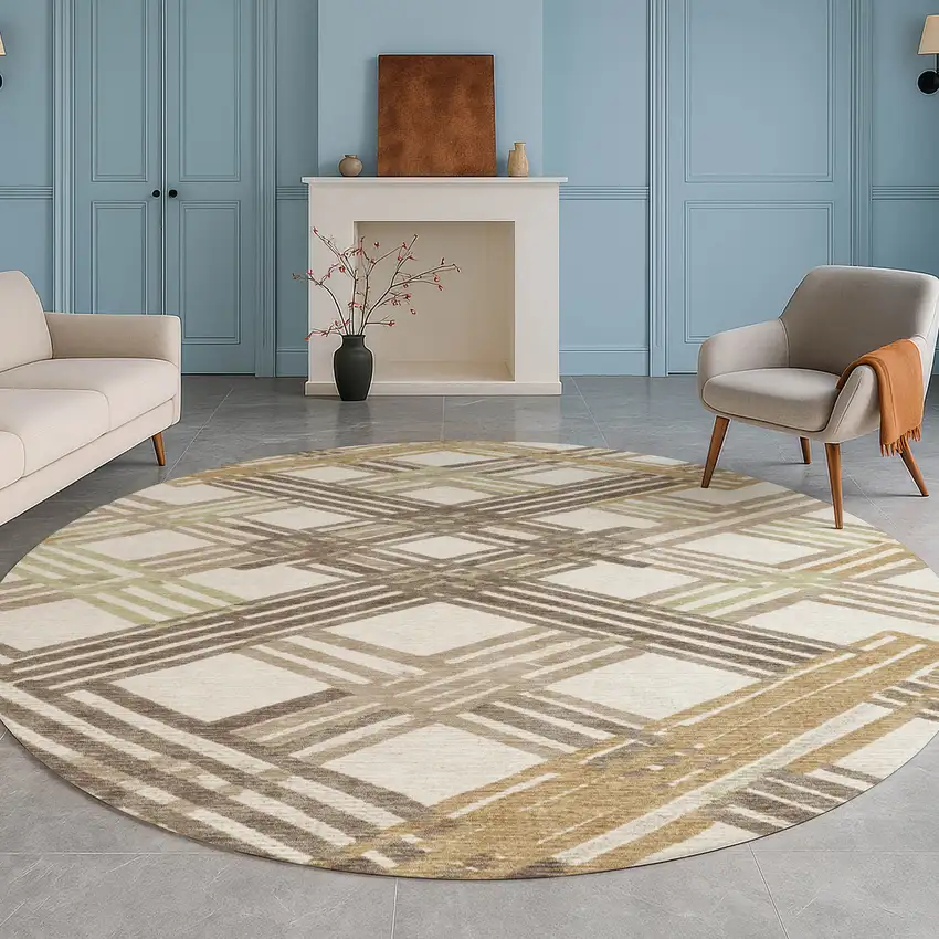8' Ivory And Taupe Round Geometric Washable Indoor Outdoor Area Rug Photo 5