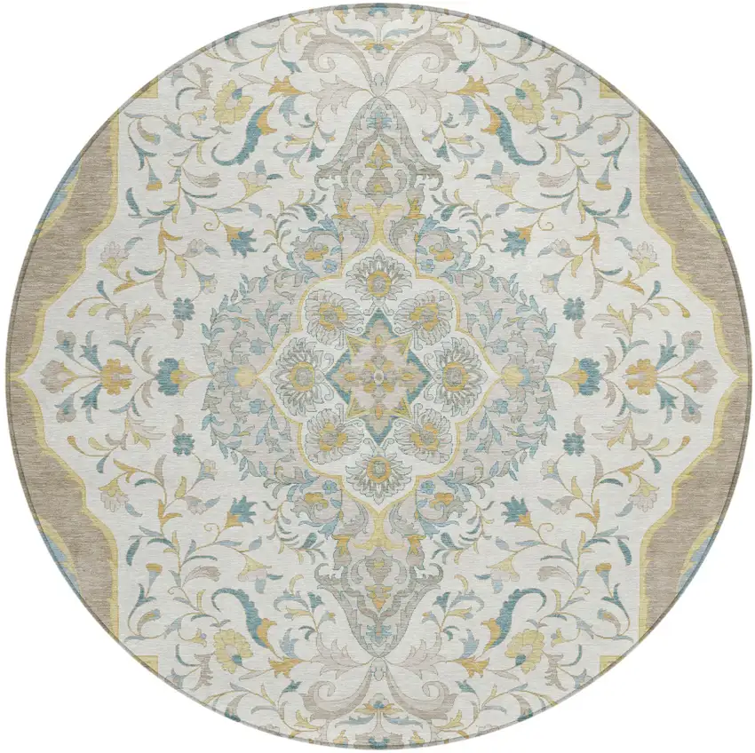 8' Ivory And Taupe Round Medallion Washable Indoor Outdoor Area Rug Photo 2
