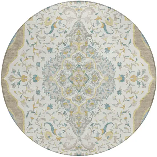 8' Ivory And Taupe Round Medallion Washable Indoor Outdoor Area Rug Photo 2