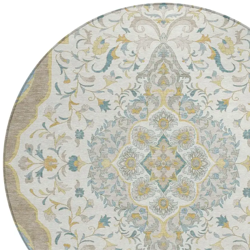8' Ivory And Taupe Round Medallion Washable Indoor Outdoor Area Rug Photo 4