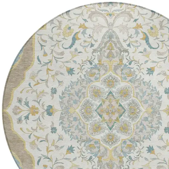 8' Ivory And Taupe Round Medallion Washable Indoor Outdoor Area Rug Photo 4