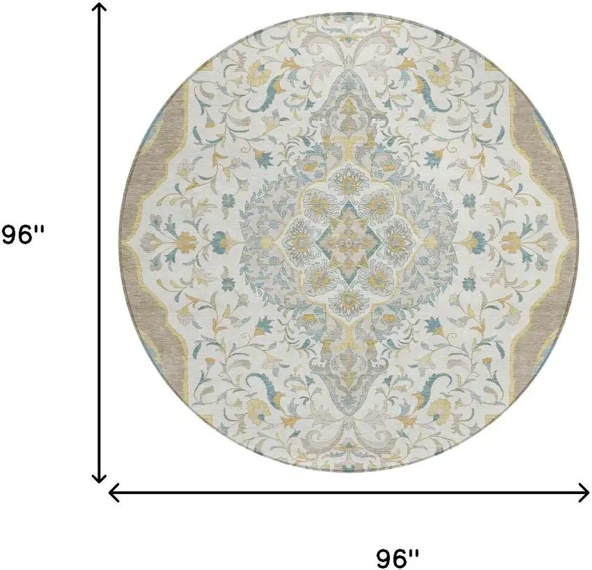 8' Ivory And Taupe Round Medallion Washable Indoor Outdoor Area Rug Photo 7