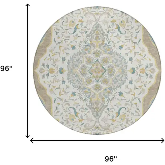 8' Ivory And Taupe Round Medallion Washable Indoor Outdoor Area Rug Photo 7
