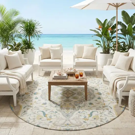 8' Ivory And Taupe Round Medallion Washable Indoor Outdoor Area Rug Photo 1