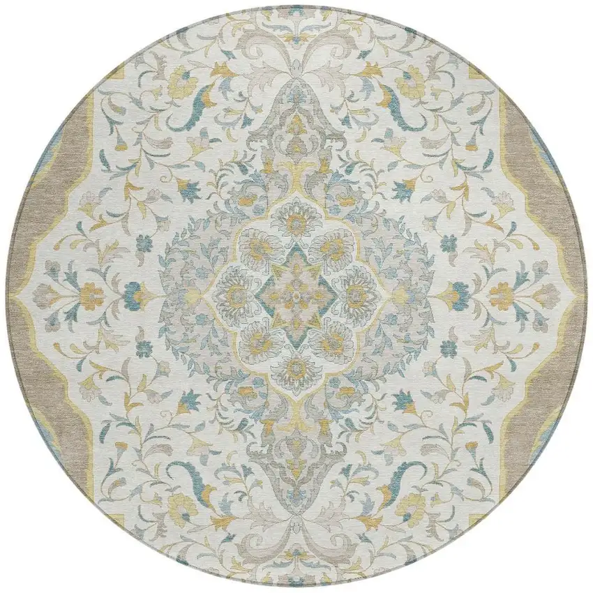 8' Ivory And Taupe Round Medallion Washable Indoor Outdoor Area Rug Photo 3