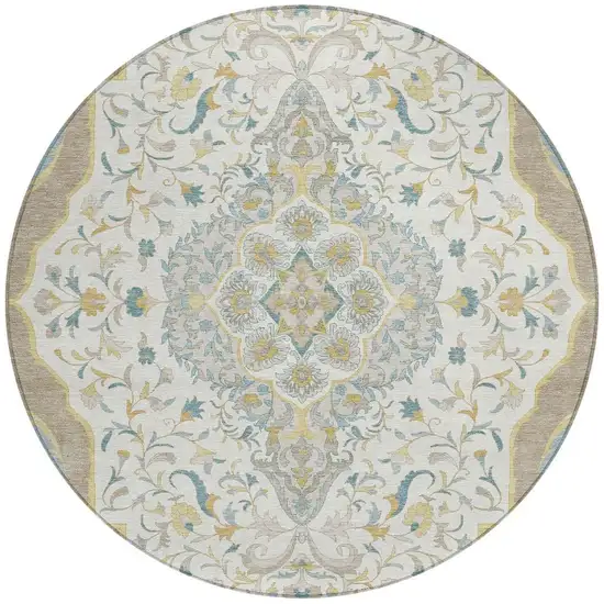 8' Ivory And Taupe Round Medallion Washable Indoor Outdoor Area Rug Photo 3