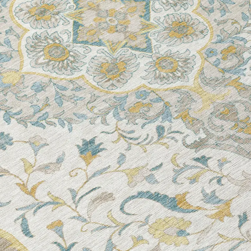 8' Ivory And Taupe Round Medallion Washable Indoor Outdoor Area Rug Photo 6