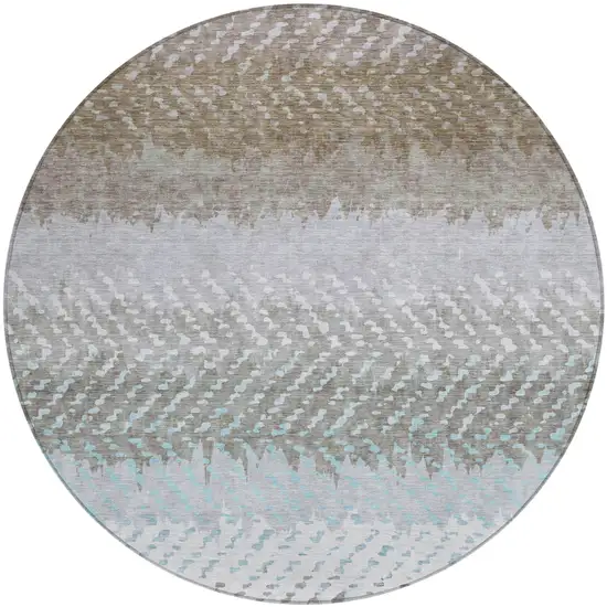 8' Ivory And Taupe Round Striped Washable Indoor Outdoor Area Rug Photo 2